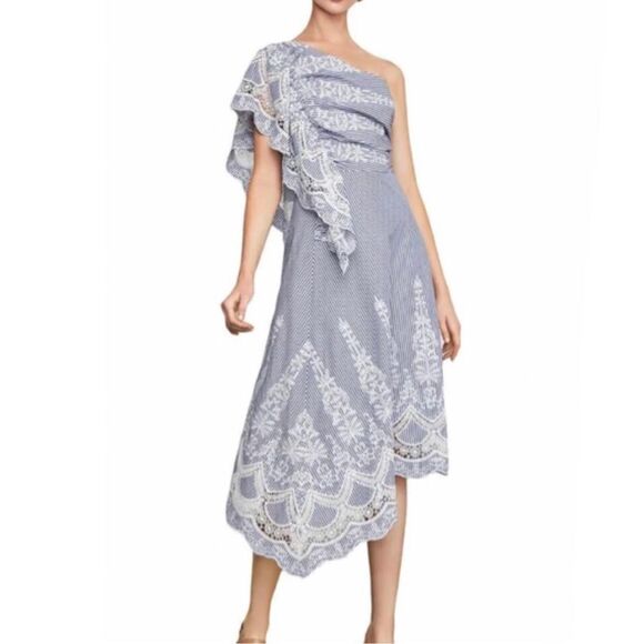 NWOT BCBGMAXAZRIA BCBG One Shoulder Embroidered Stripe Dress Blue Combo Size 14 - Picture 2 of 14